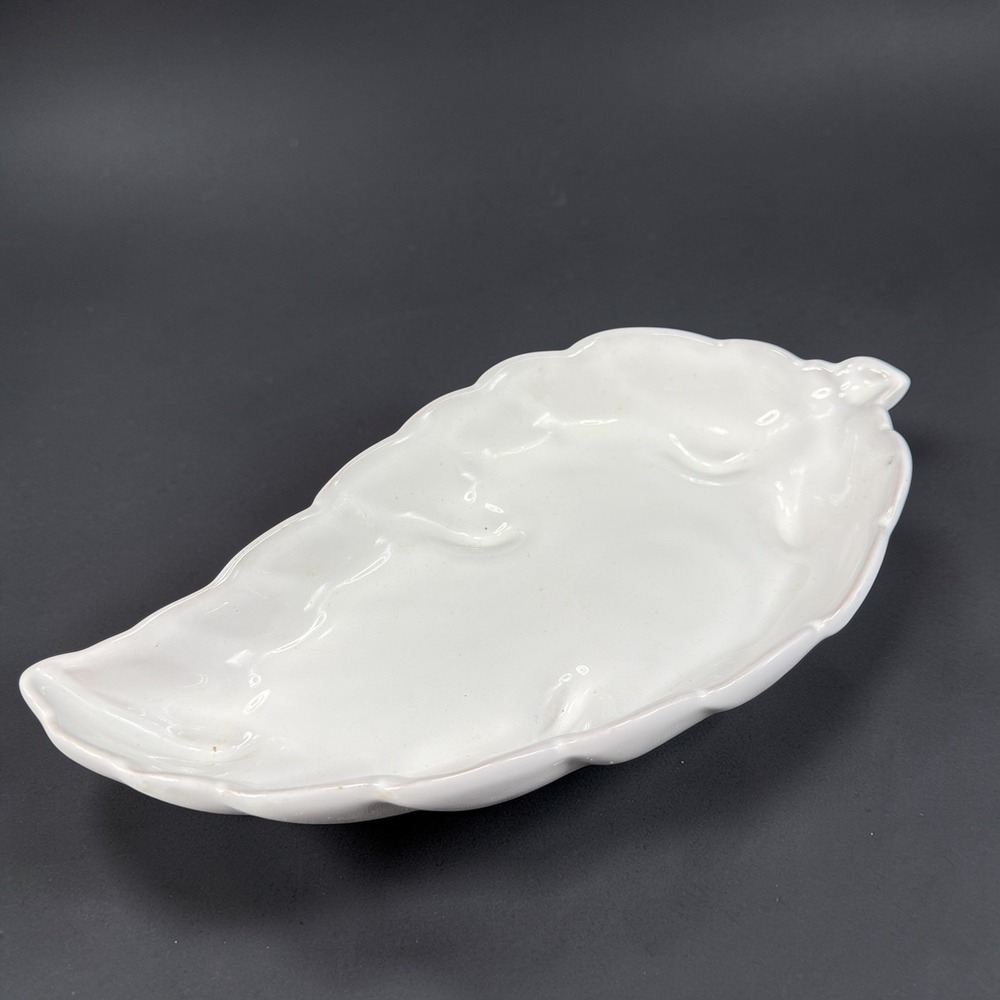Vintage Frankoma White Ceramic Leaf Dish Glossy Pottery Trinket Tray Feather VTG